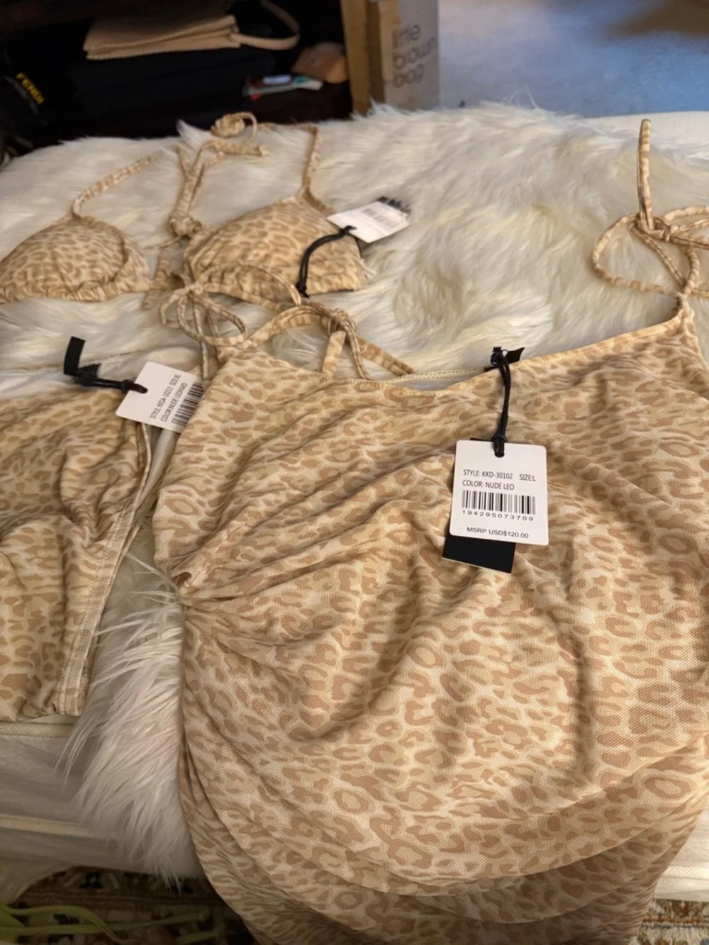 Kendall & Kylie Beige Leopard Print Triangle Bikini and cover up dress
